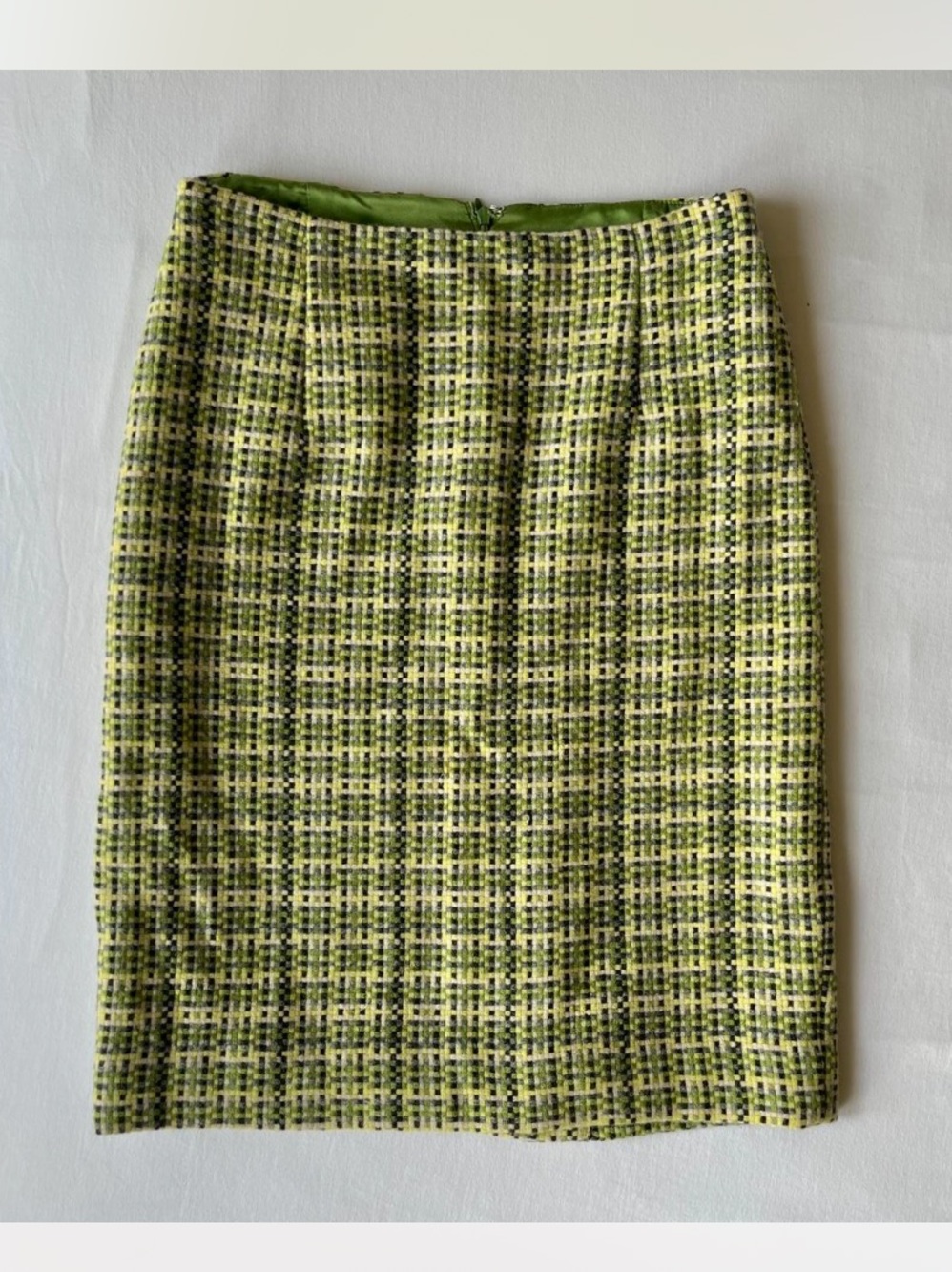 Theory Lime Green Plaid Tweed Pencil Skirt
